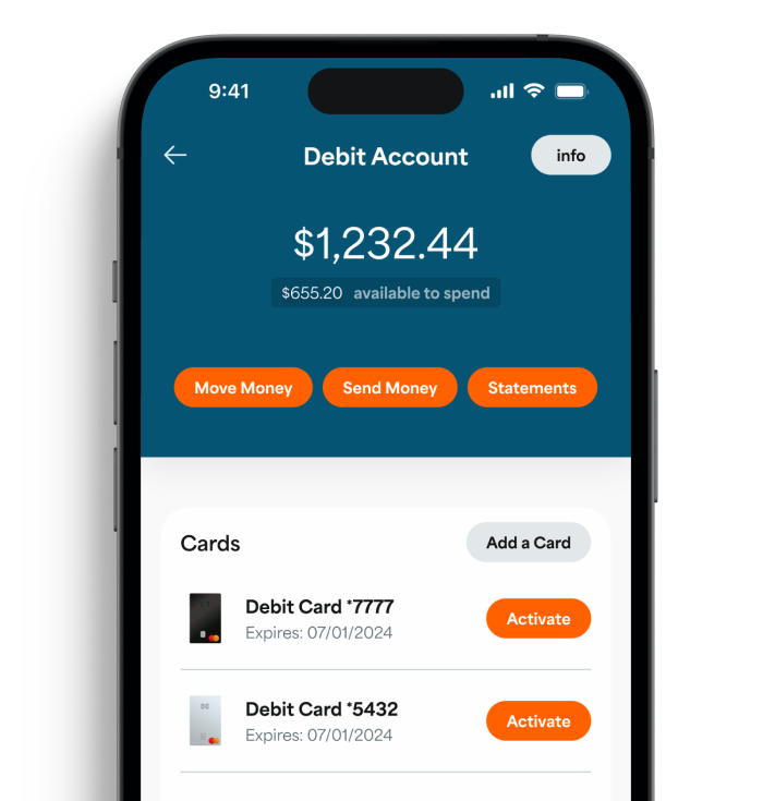 iPhone showing the debit account card screen
