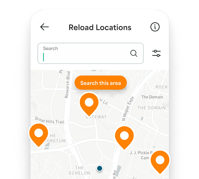 App screen showing reload locations