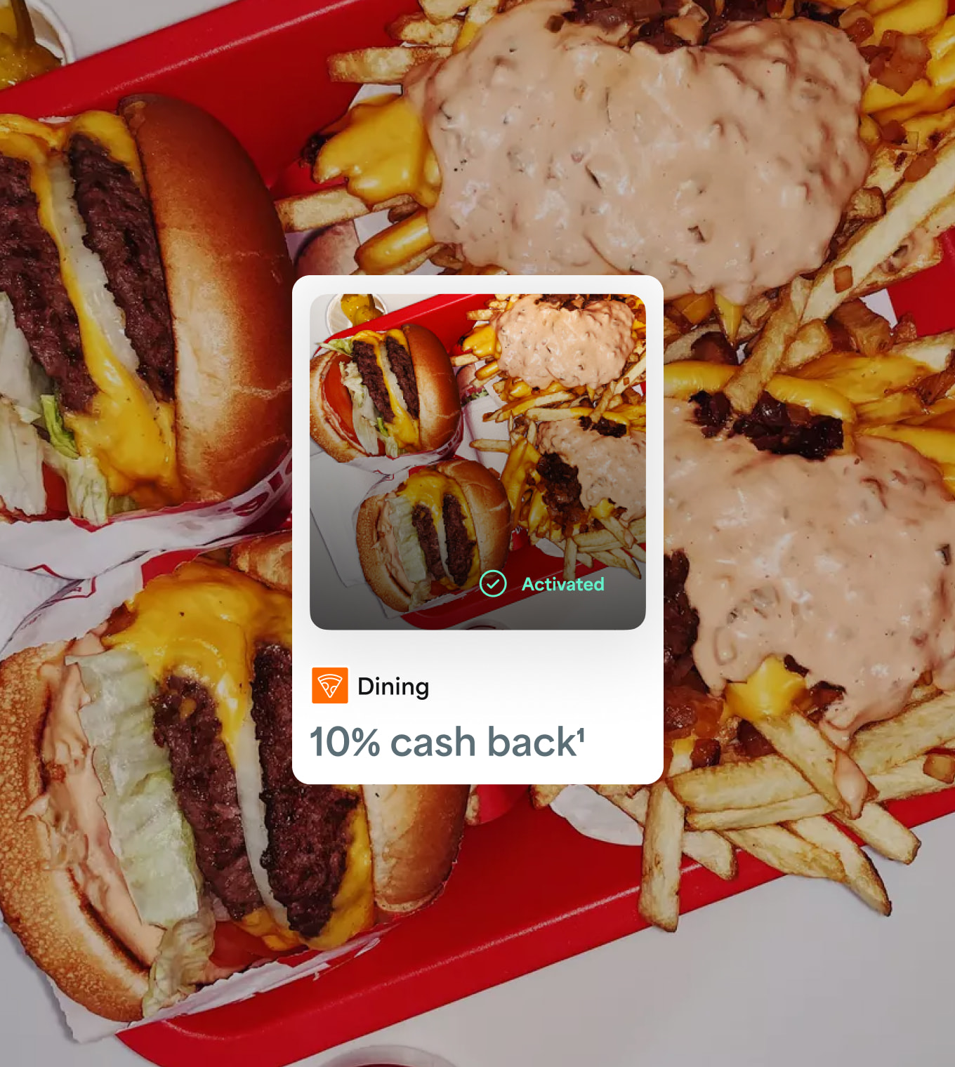 Tray of burgers with a 10% cash back on dining offer.
