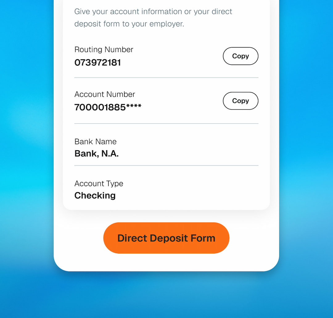 Screenshot of the in-app direct deposit account information, where you can download a direct deposit form