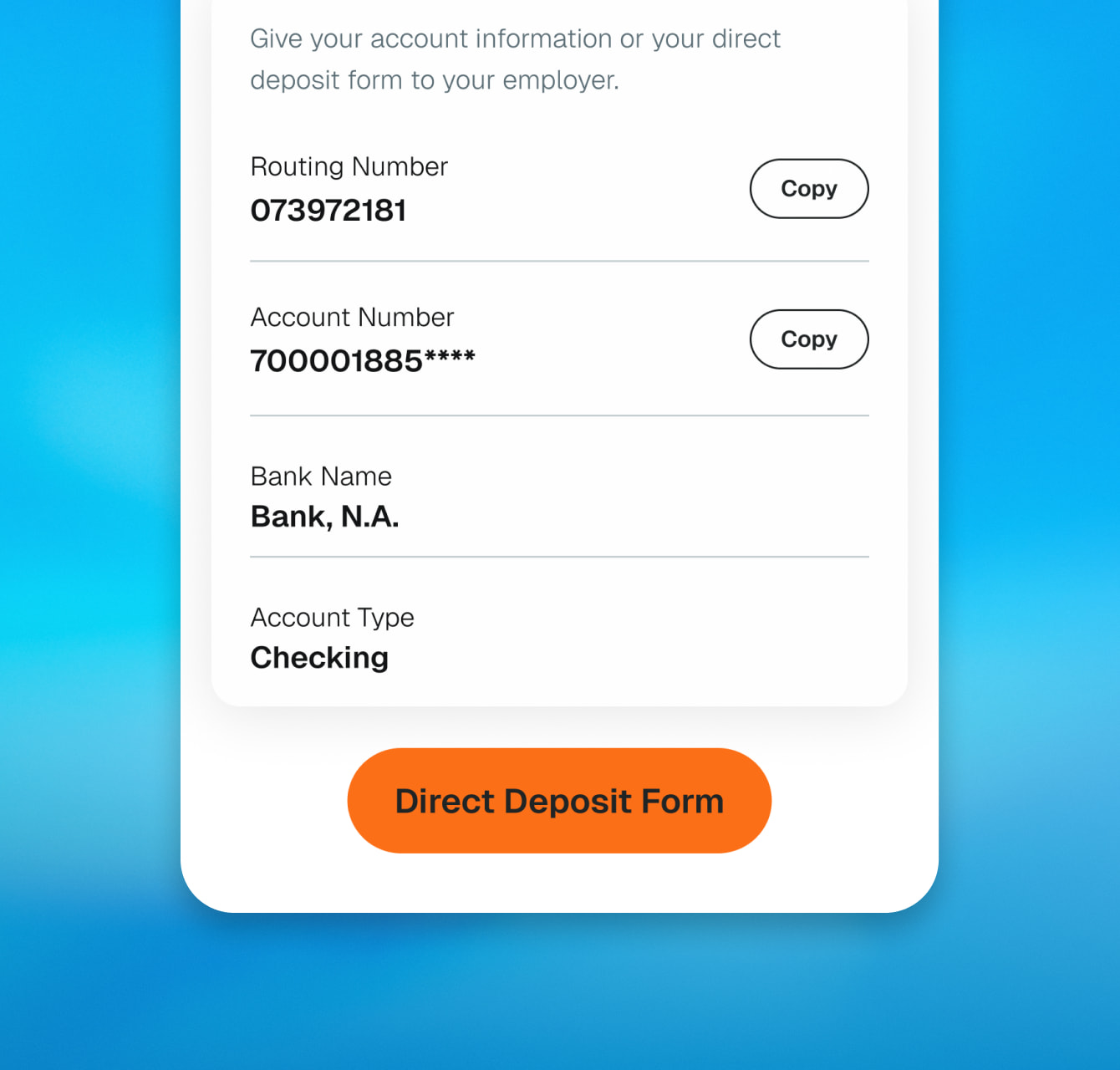Screenshot of the in-app direct deposit account information, where you can download a direct deposit form