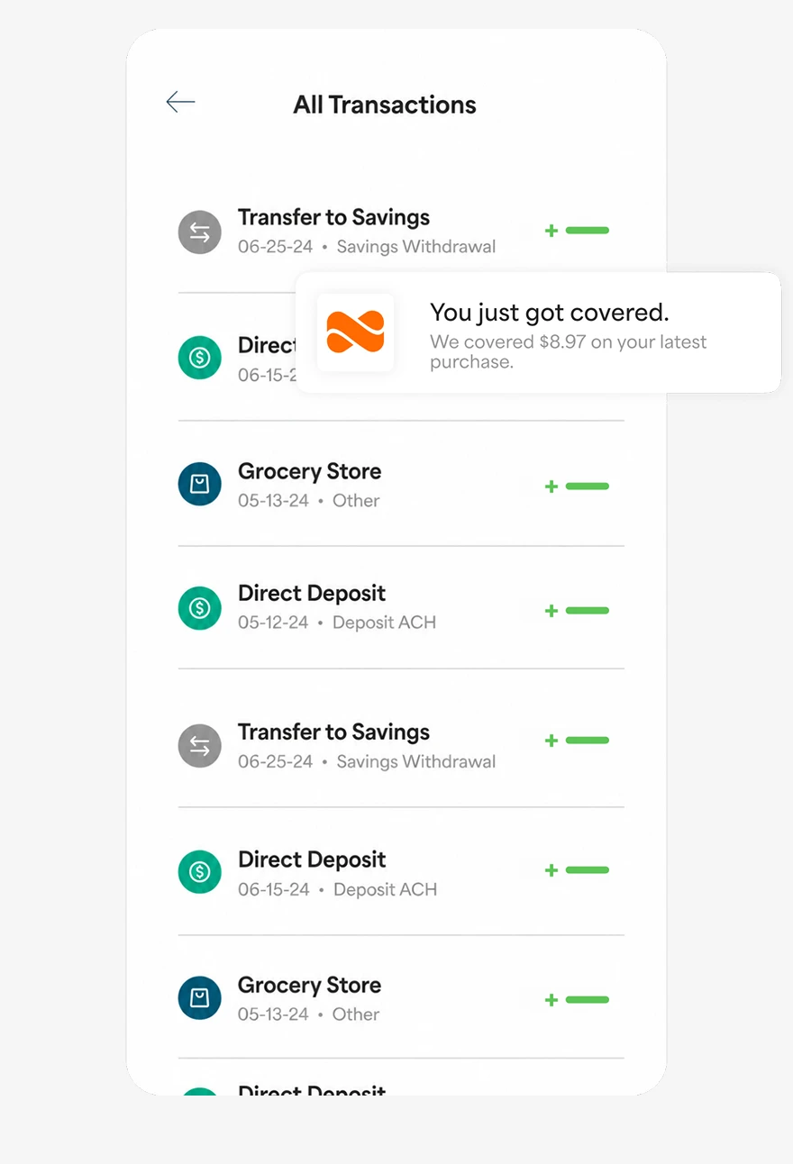 A list of transactions with a notification of a purchase cushion of $8.97 applied