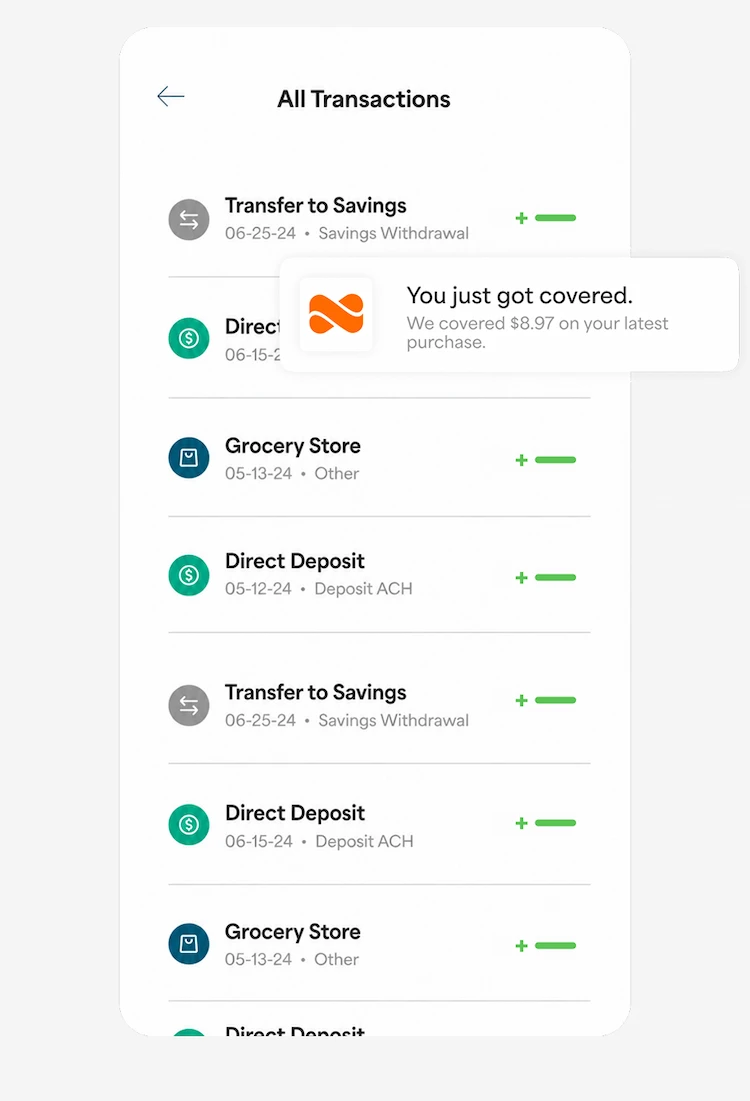A list of transactions with a notification of a purchase cushion of $8.97 applied