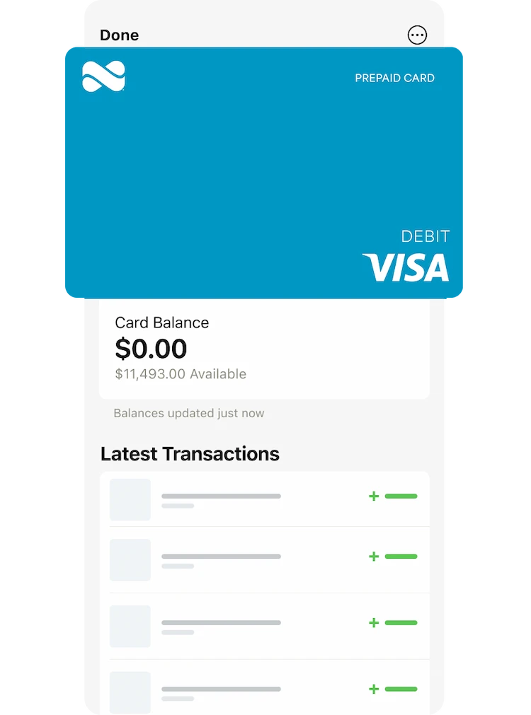 Netspend blue prepaid card with a list of latest transactions