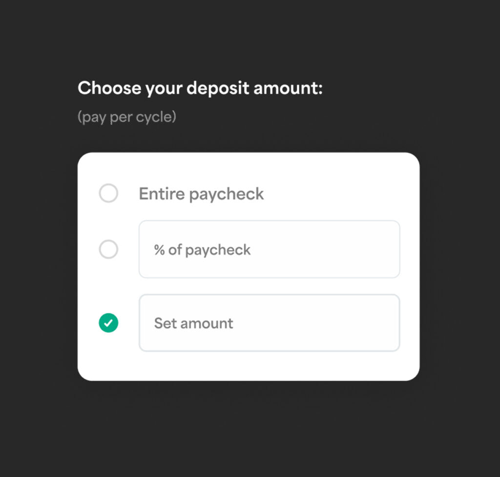 A sample form showing options of setting a direct deposit amount