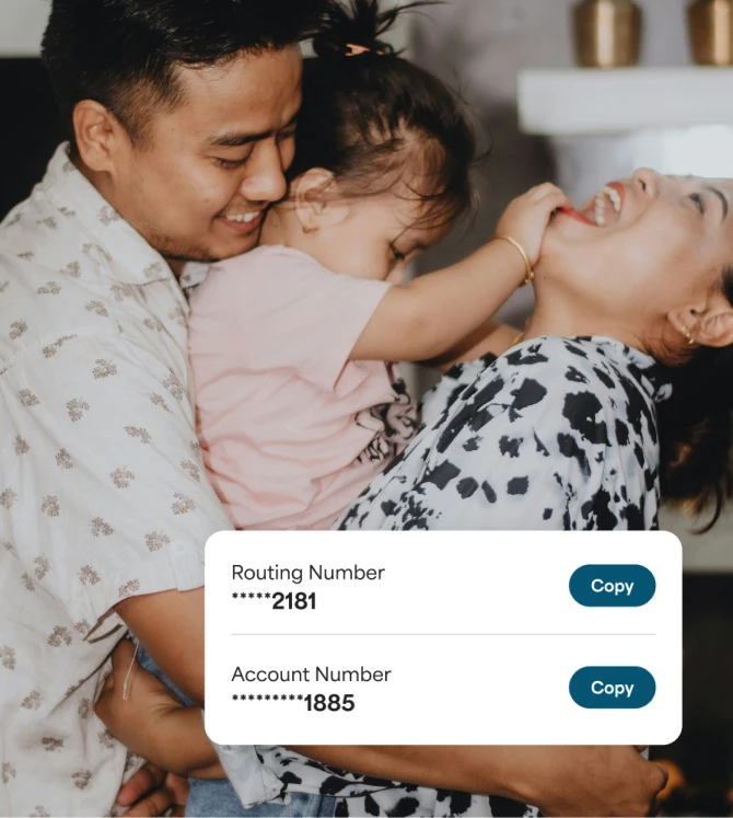 Happy family with an overlay showing direct deposit routing and account numbers