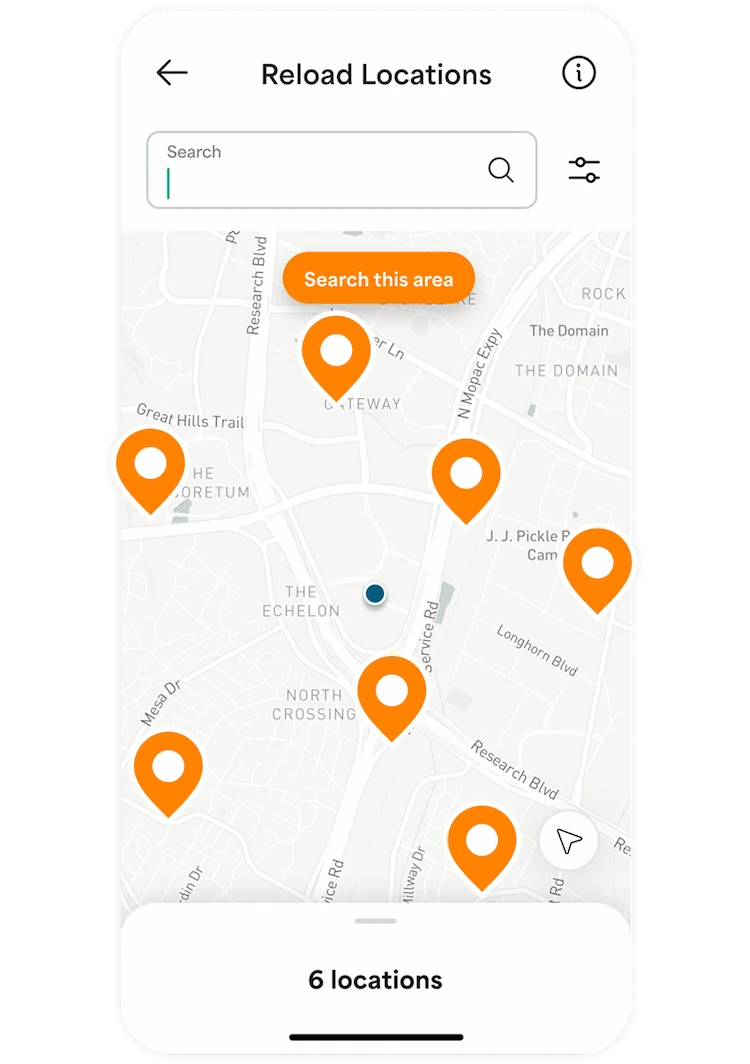 Screenshot of the reload locations in the Netspend app