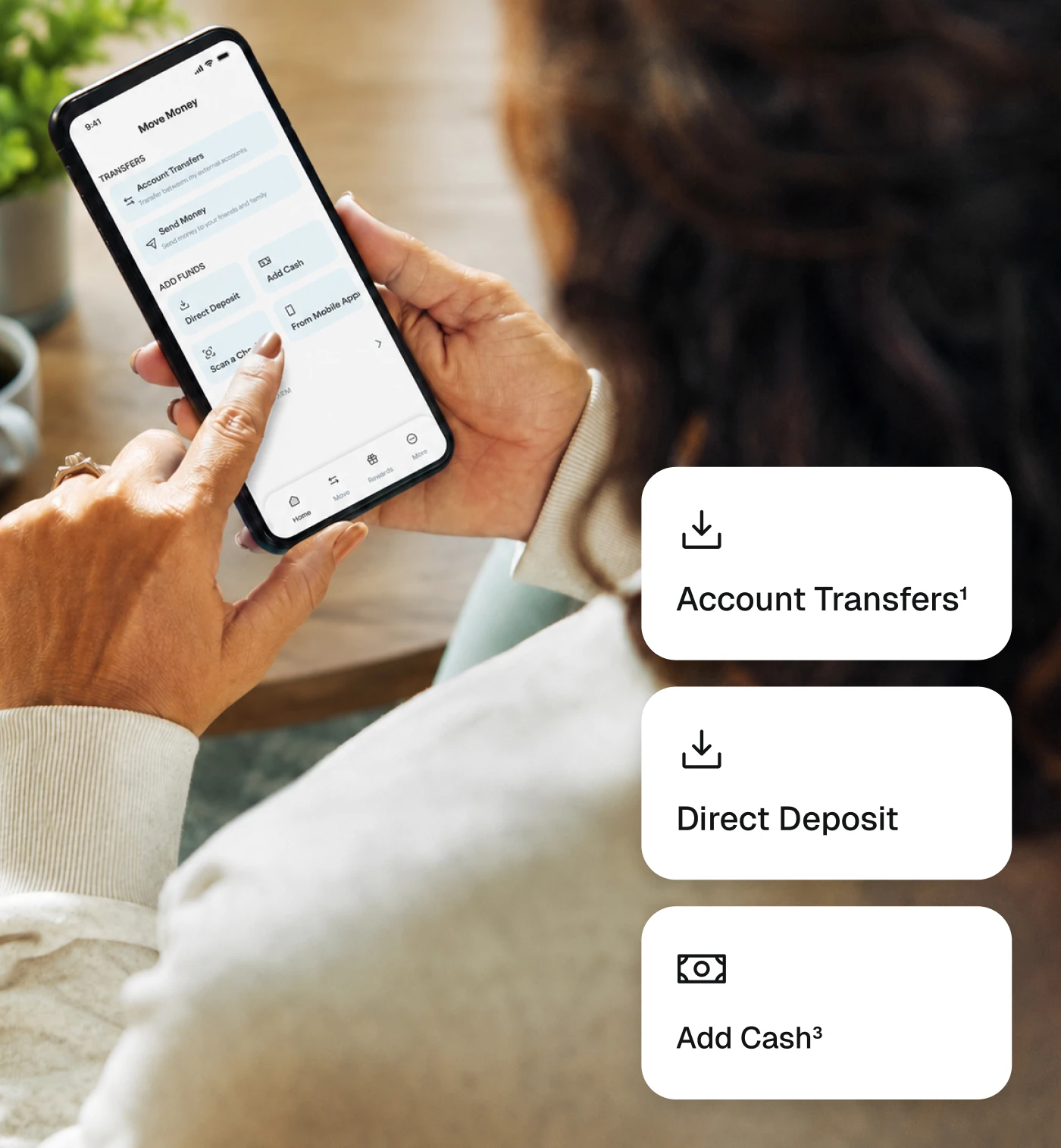 Woman on the Move Money screen on her phone. Options include account transfers, direct deposits, and adding cash.
