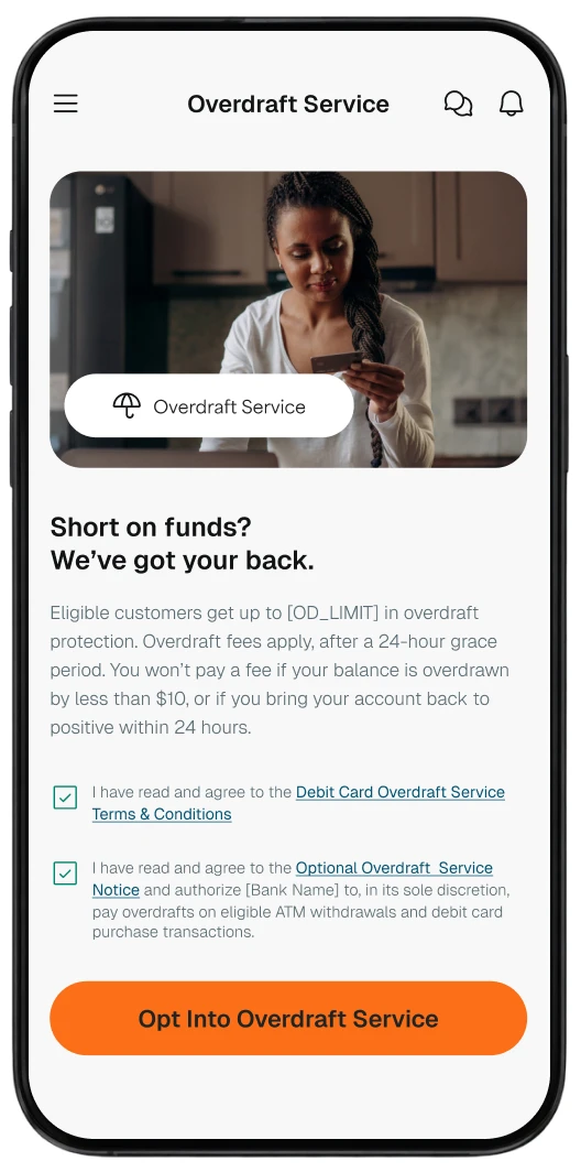 Phone showing the overdraft services opt in screen