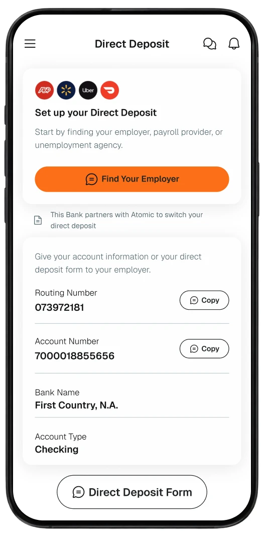 Phone showing the direct deposit setup screen