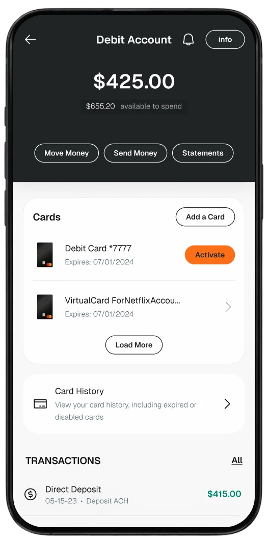 Phone showing a debit account dashboard