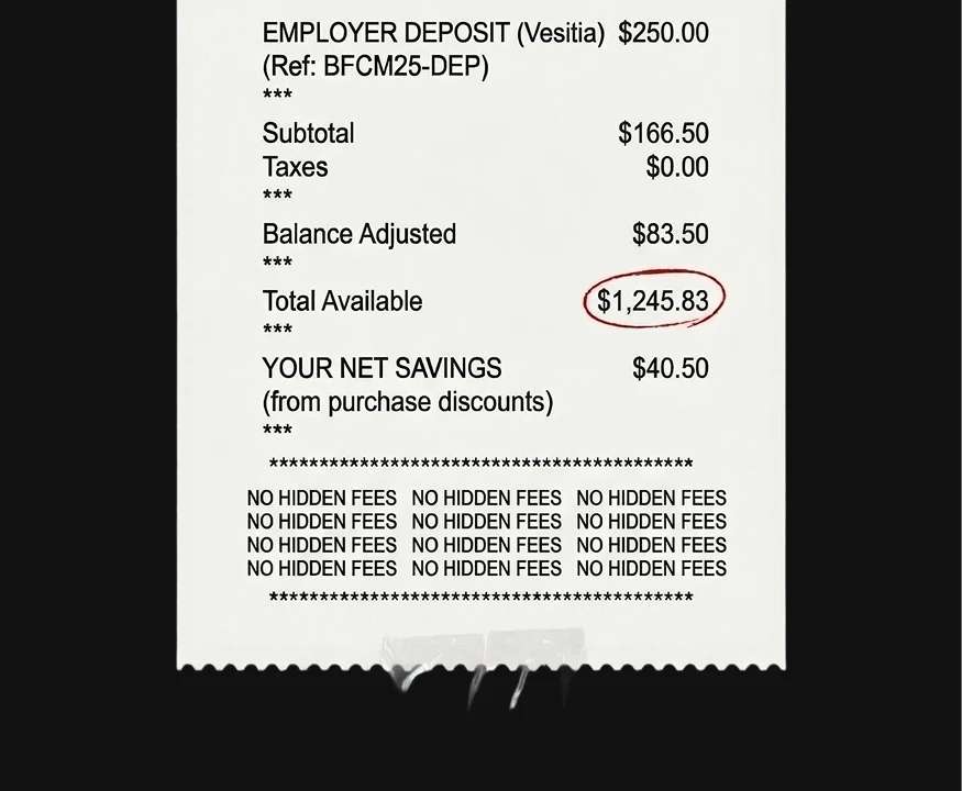 A reciept showing a direct deposit with total available balance and no hidden fees