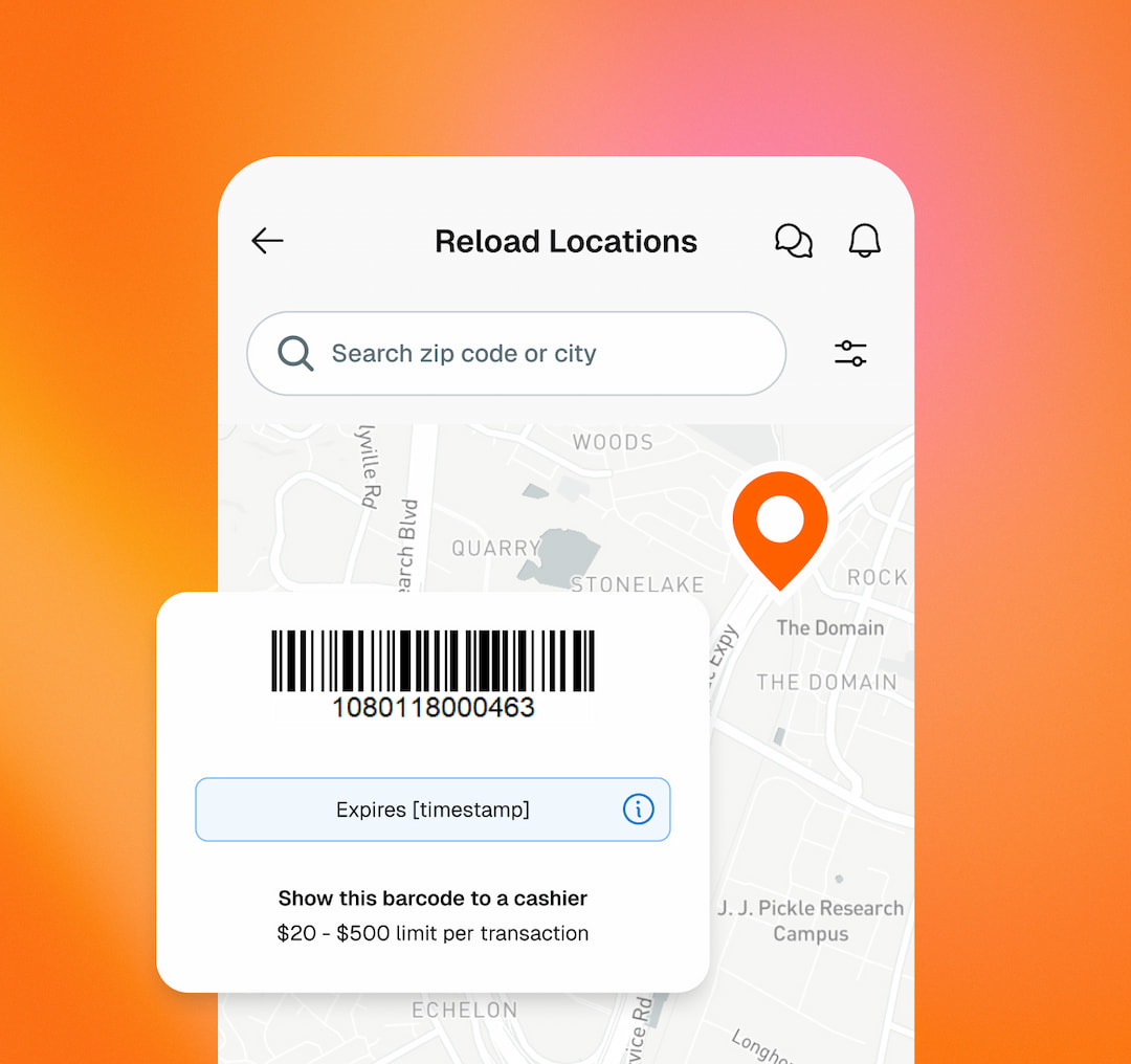 Screenshot of the Reload Locations screen in app with an example of a barcode to scan a check