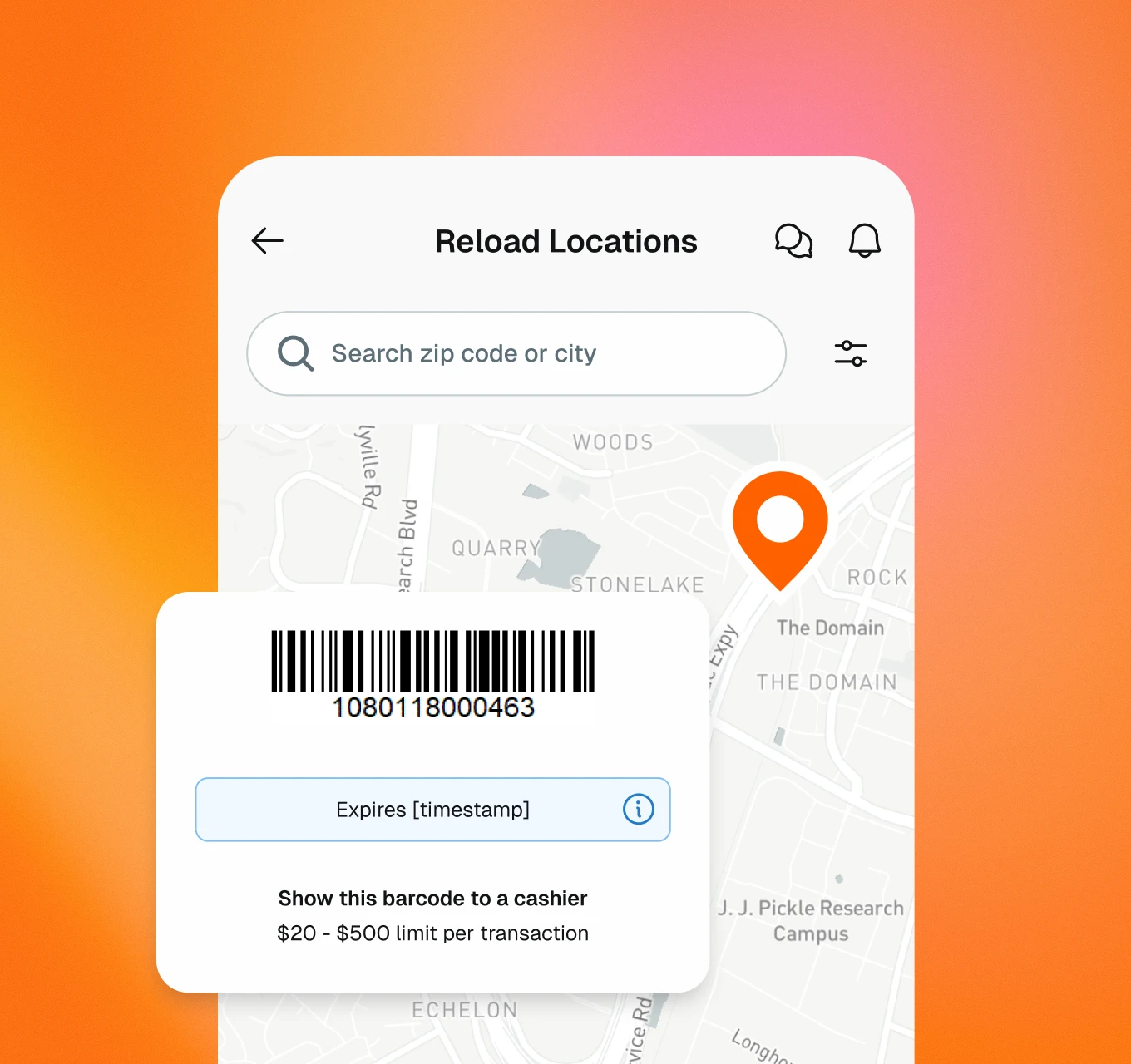 Screenshot of the Reload Locations screen in app with an example of a barcode to scan a check