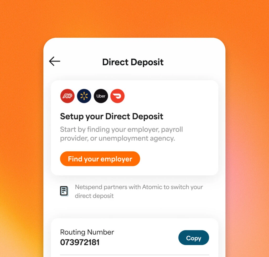 Screenshot of the Direct Deposit screen on the app highlighting setting up direct deposit by finding your emplyer
