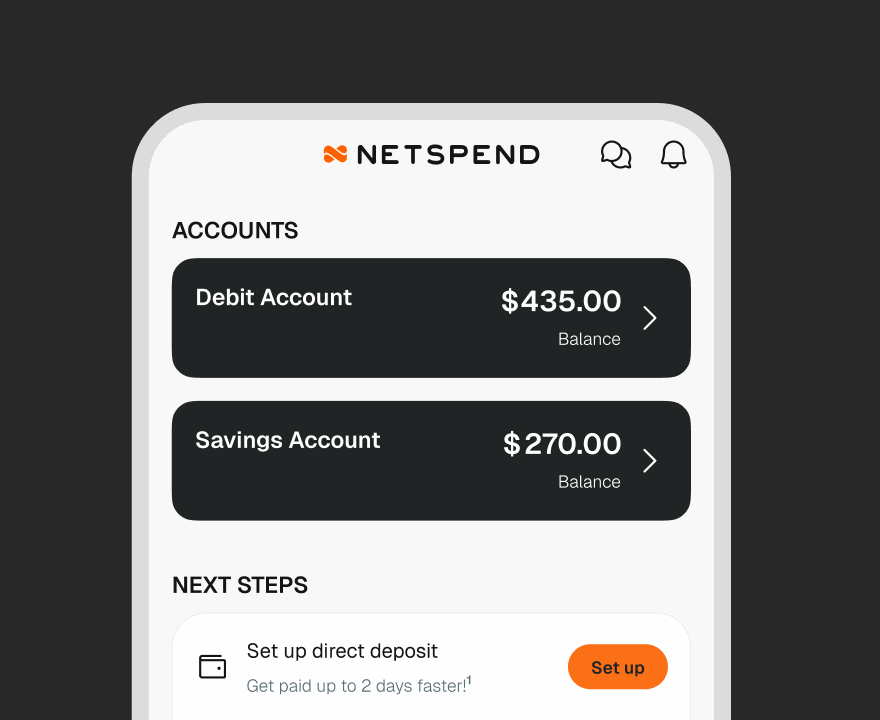 Dashboard of the Netspend App showing debit account and savings account balances.
