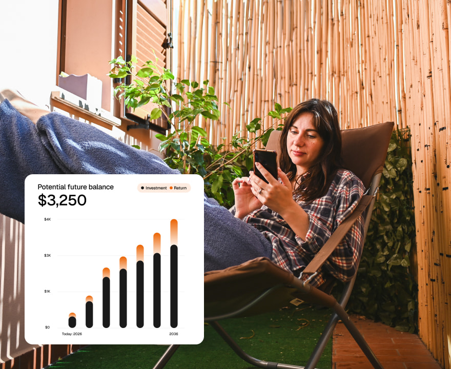 Woman lounging in a chair looking at her phone with an overlay of a graph of future balances in an upward trend.